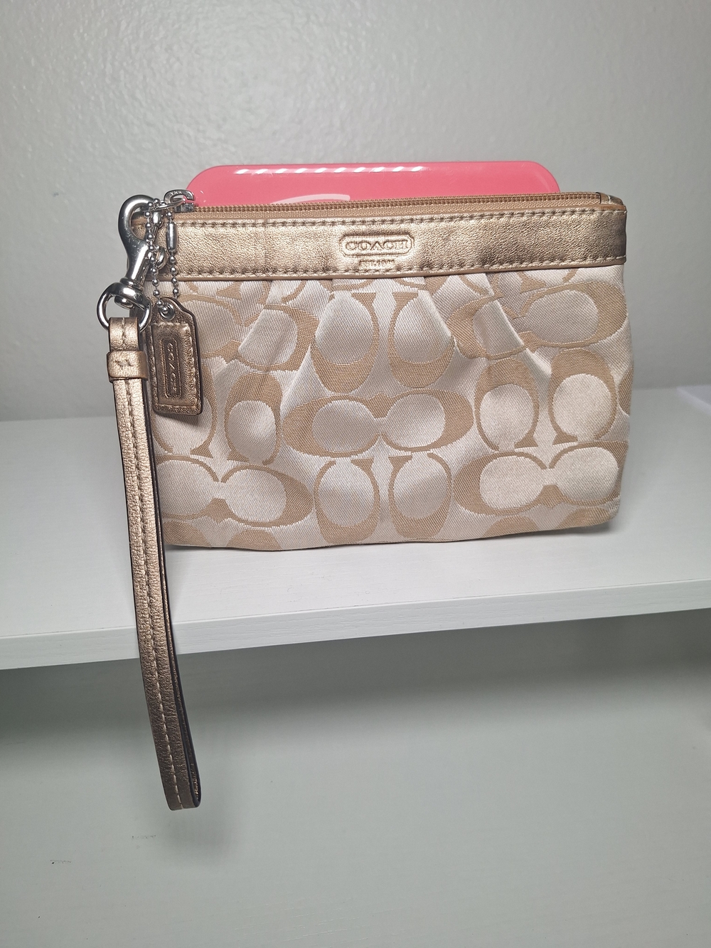 Coach Beige and Metallic Gold Signature Wristlet